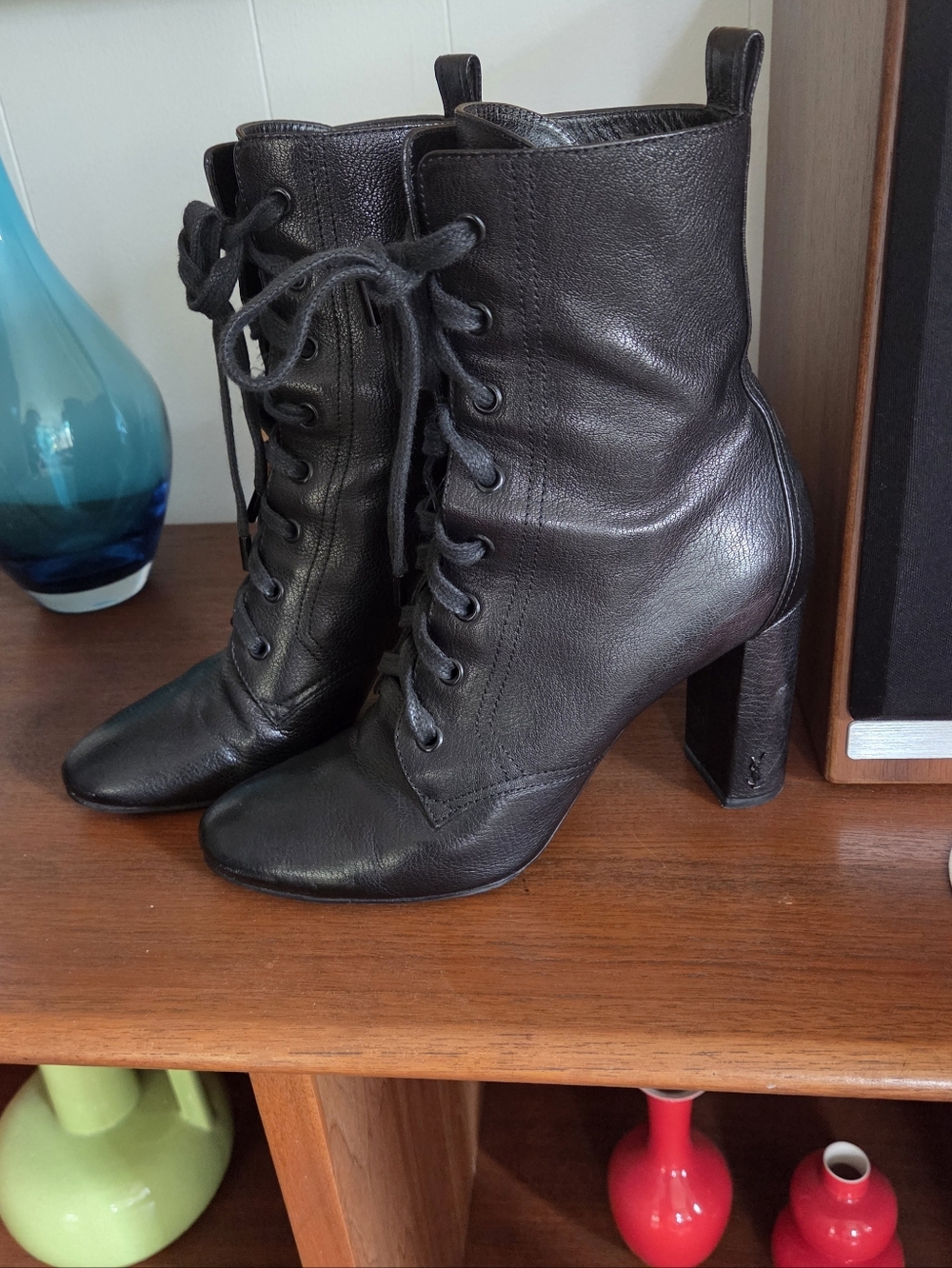Saint Laurent YSL Black Lace Up Babies Ankle Boots 7.5